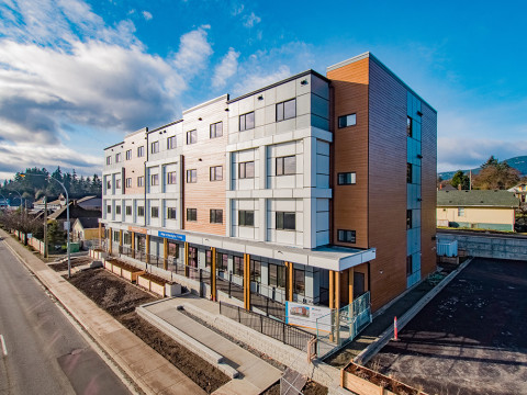 Exterior of the four-storey Samaritan Place building located at 702 Nicol Street in Nanaimo.