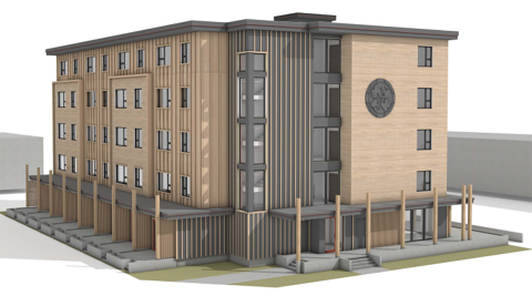 Rendering of a modern multi-storey apartment building designed to serve Indigenous residents.