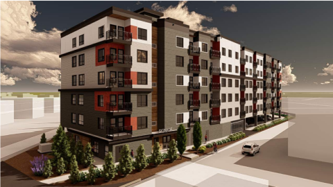 Rendering of a six-storey building with a parking garage built beneath half of the first floor. The building features white, grey, and orange siding.