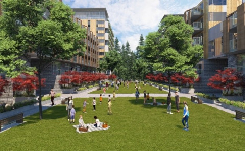 A rendering of a wide green space in between apartment buildings. On the grass, people sit, play, and walk.
