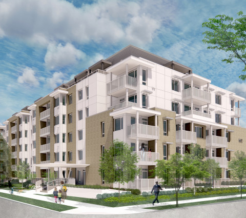 Rendering of a multi-storey building with white and beige siding.