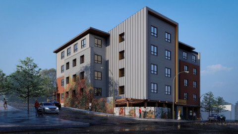 Rendering of a five-storey grey and brown apartment building.