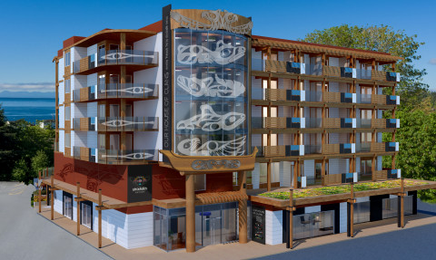 Rendering of a six-storey building with many Indigenous-style glass art pieces mounted on the exterior. A grassy balcony stands out on the second floor.