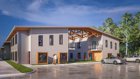 Rendering of a modern two-storey multiplex with 16 homes being built on Tsawout First Nation land near Saanichton.