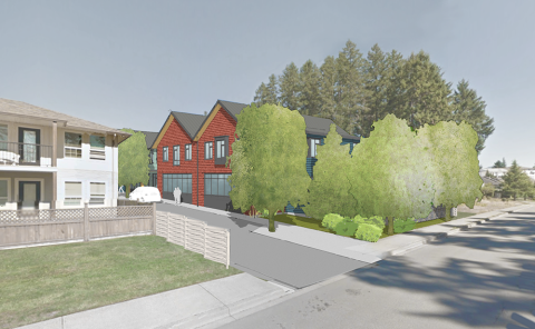 Rendering of a two-storey red building.