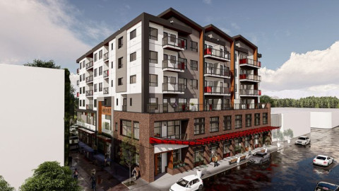 Rendering of a six-storey white and grey building with ground-level businesses at the front.