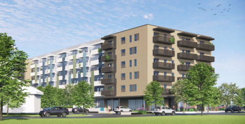 Rendering of a corner-lot view of a six-storey apartment building surrounded by trees.