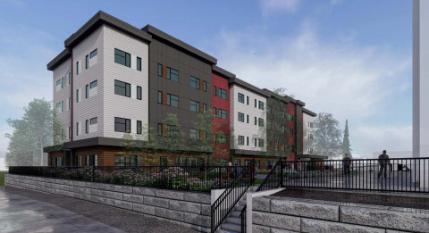 Digital rendering of a modern multi-storey residential building with grey, white, and red exterior panels.
