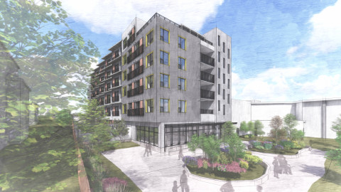 Rendering of a uniquely designed grey five-storey building with a landscaped courtyard.