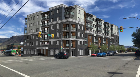 Rendering of a six-storey rental housing building at 167 6th Ave in downtown Kamloops.
