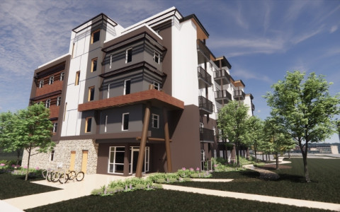 Rendering of a four-storey housing building with white, green, and wood-coloured exterior finishes.