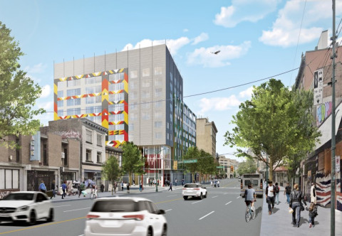 Rendering of an apartment building with Indigenous artwork on the exterior wall.