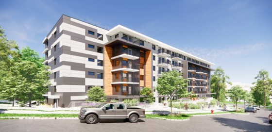 Rendering of the front side of a six-storey apartment building with a grey and white domino-style paint design. The building features unique architecture with various types of balconies.