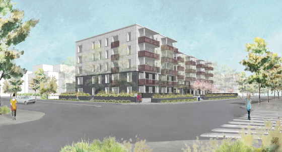 Rendering of 2481 Welcher Avenue in Port Coquitlam, showing a corner building with people walking along the surrounding sidewalks.