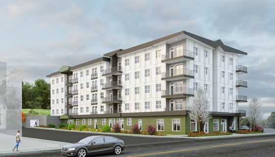 Rendering of the modern five-storey Eagle Harbour apartment building.