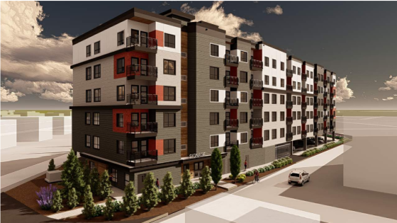 Rendering of a six-storey building with a parking garage built beneath half of the first floor. The building features white, grey, and orange siding.