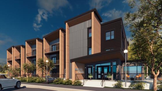 Modern multi-story apartment building with wooden and dark-colored panels, large windows, and balconies, surrounded by landscaped greenery.