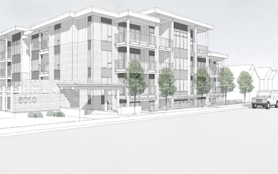 Black and white rendering of a four-storey apartment building.