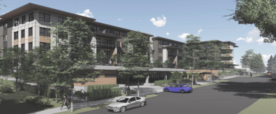 Rendering of a four-storey building with an overhanging flat roof, surrounded by many trees.