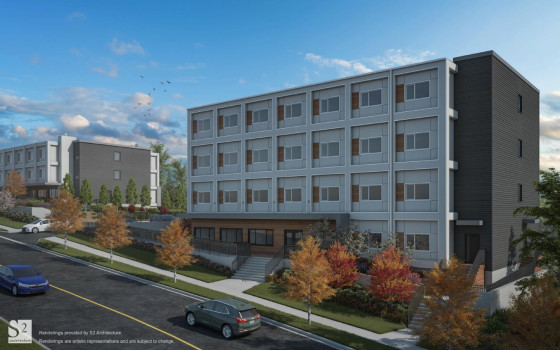 Rendering of a neutral-coloured four-storey apartment building.