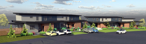 Rendering of two housing units with cars parked in front.