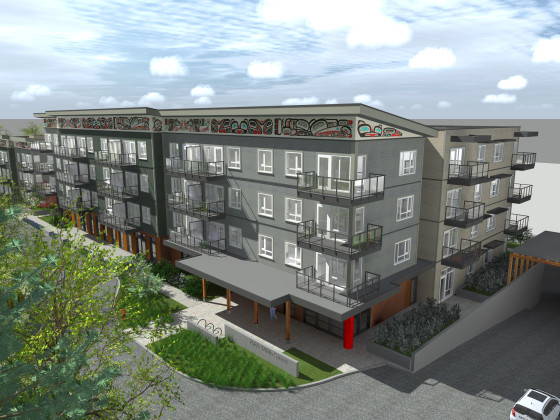 Rendering of a modern multi-storey residential building. The building has four floors, with each unit featuring a balcony.