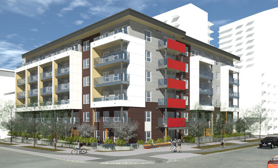 Rendering of a six-storey apartment building located on a street corner.