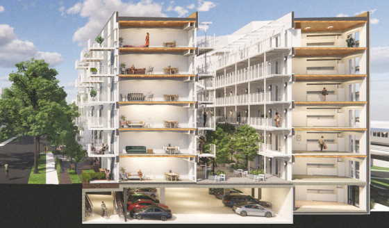 Rendering of two side-by-side multi-storey buildings with cutaway exterior walls revealing the interior apartment layouts.