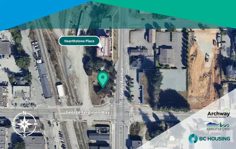 Aerial map showing a development site marked with a location pin near Gladys Avenue and George Ferguson Way, labelled Hearthstone Place, with nearby streets, rail line, surrounding buildings, a north compass, and Archway, City of Abbotsford, and BC Housing logos
