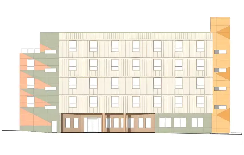 A simple four‑storey building elevation with uniform windows and coloured stairwells on each side.