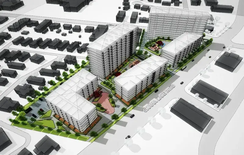 A drawing of three modern apartment buildings with trees, wide sidewalks, and people walking in front. Aerial view.