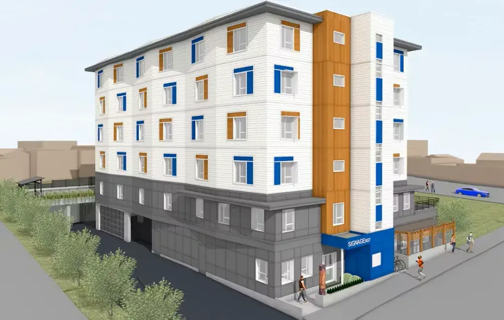 A drawing of a six‑storey apartment building with trees, and people walking on the sidewalk in front.