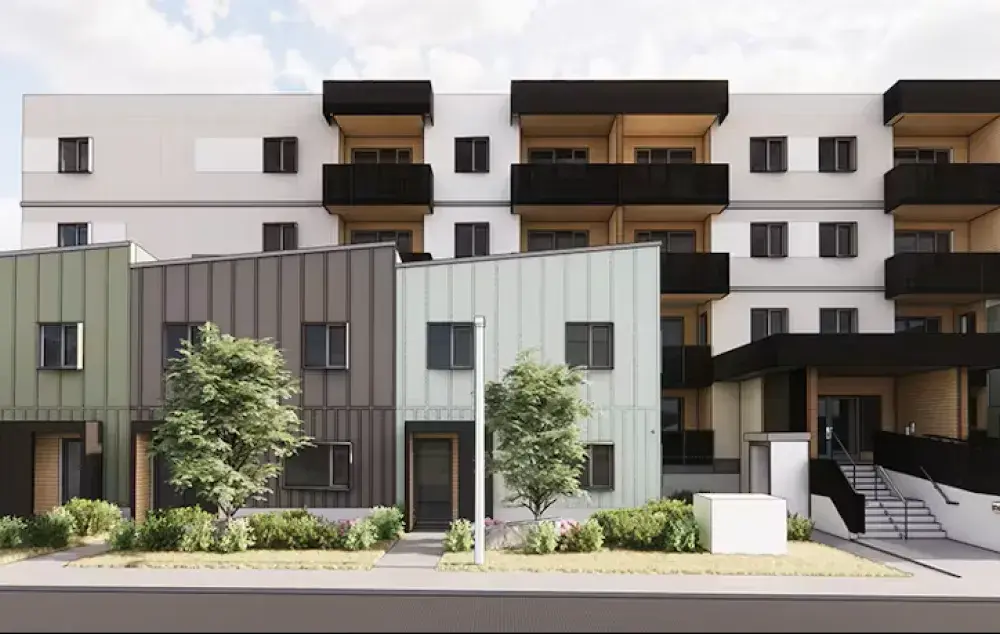 A drawing of a multi-storey building and townhouses. Street view with leafy trees, and blue sky.