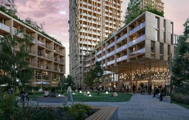 Architectural rendering of a modern multi‑building residential development with wood‑clad towers, shared green space, walkways, and people sitting and walking in the landscaped courtyard at dusk