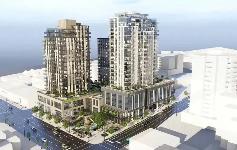 Architectural rendering of a mixed-use redevelopment with two residential towers above a multi-storey podium, featuring ground-floor shops, landscaped public spaces, and surrounding city streets.