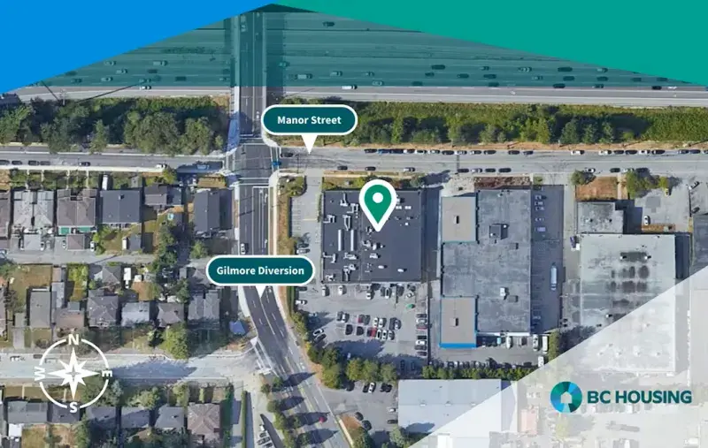 Overhead map view image. A green site marker to shows location of building in Burnaby..