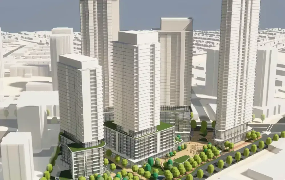 Drawing of multiple tall apartment buildings. Aerial view with green trees lining street in front of buildings.