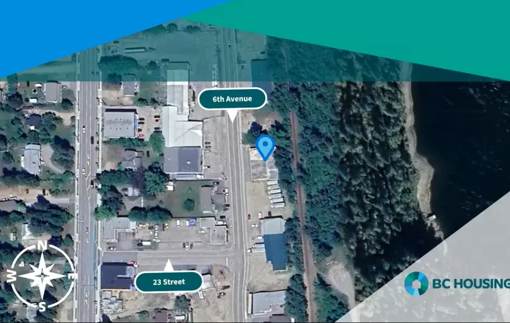 Overhead map view image. A blue site marker to shows location in Castlegar on 6th Avenue.