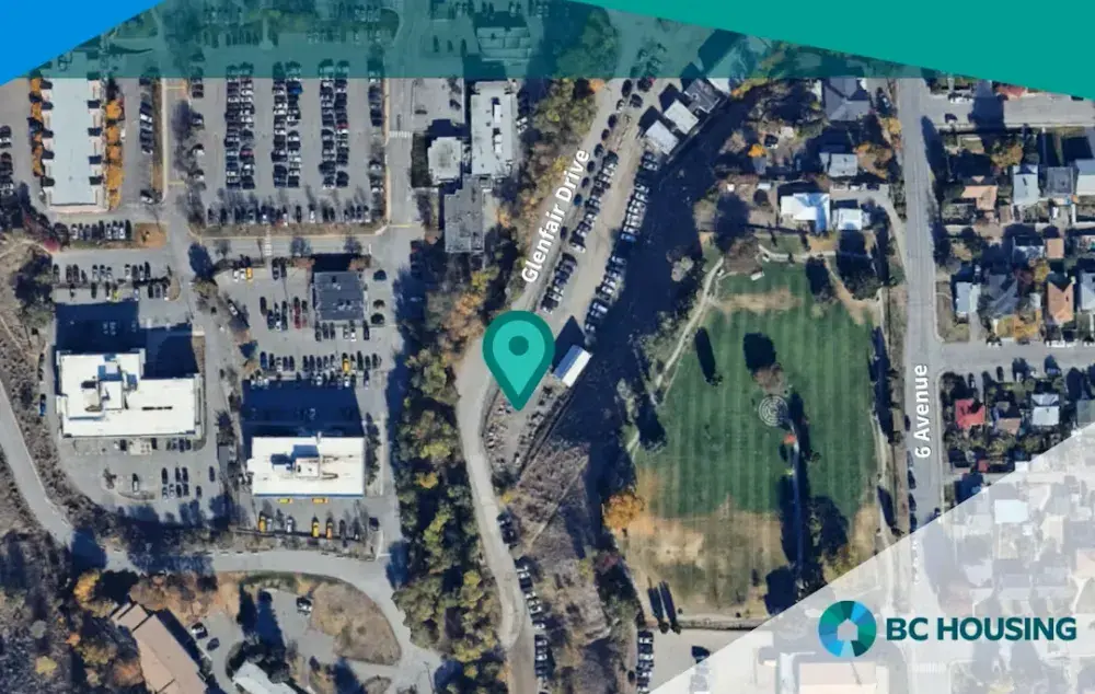 Map view shown from overhead. Live view with buildings, streets and green spaces. 