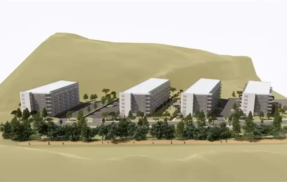 3D rendering of five apartment buildings beside a street with trees and a grassy hill.