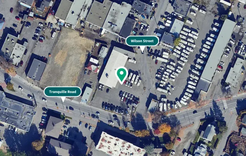 Aerial map showing the site at Tranquille Road and Wilson Street in Kamloops, with a location pin among nearby buildings and parking areas.