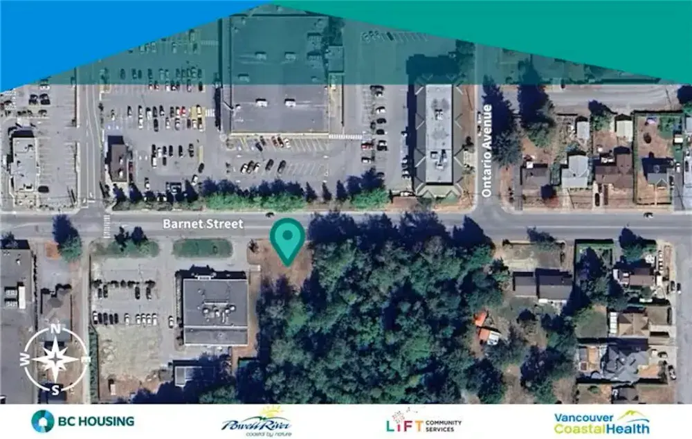 Overhead map view image. A green site marker to shows location in Powell River. 