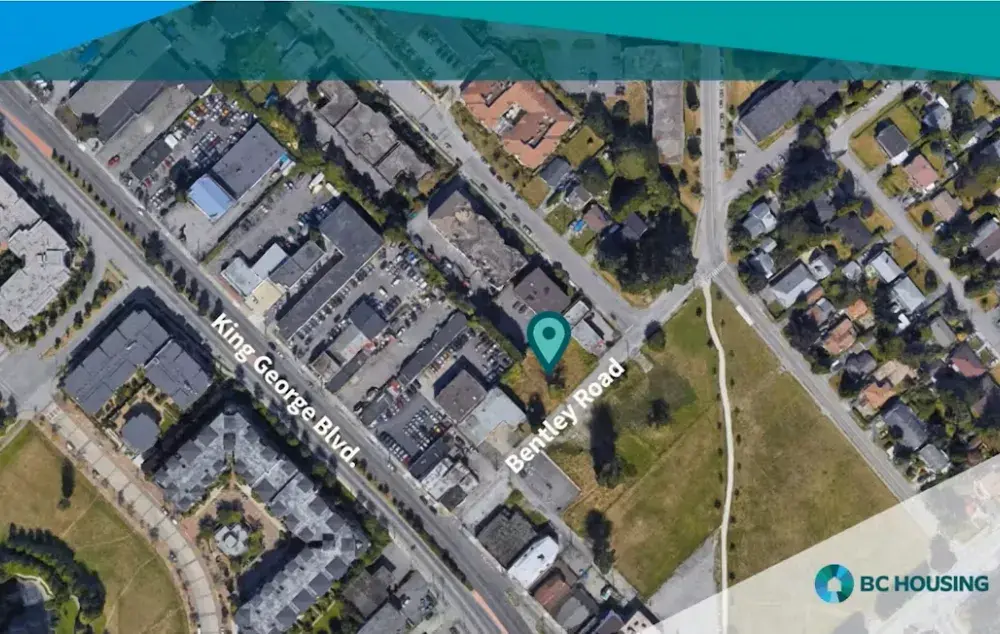 Aerial map of buildings and streets, with a location marker on Bentley Road near King George blvd.
