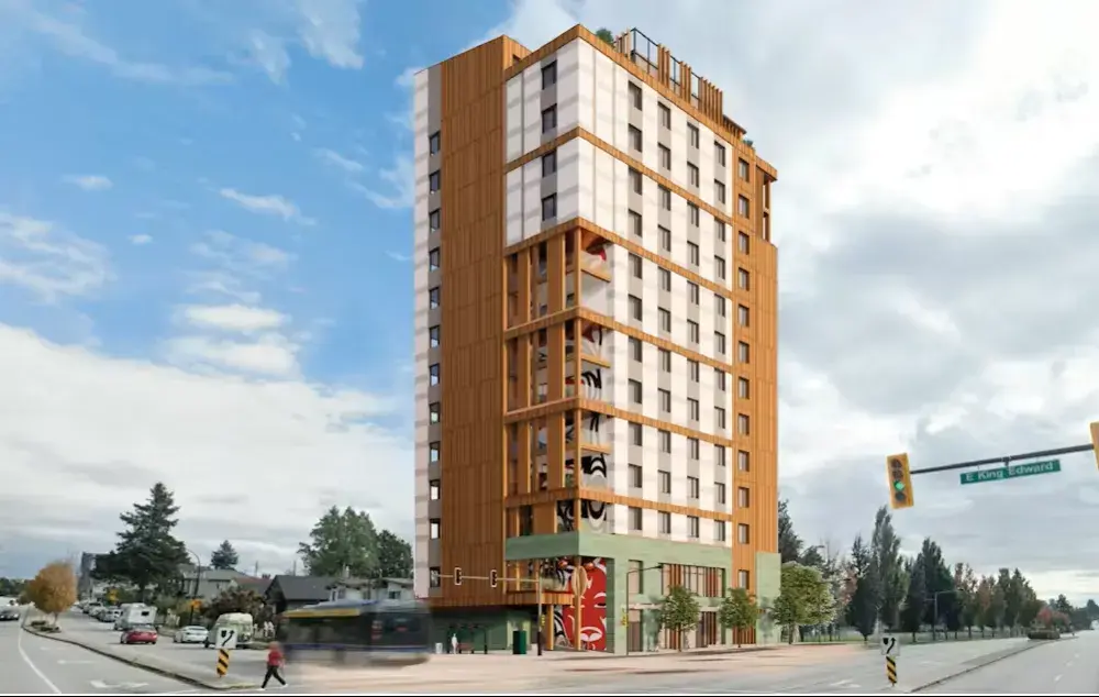 Drawing of a tall apartment building, with art murals. It's on a street corner, with cars, trees, and traffic lights.