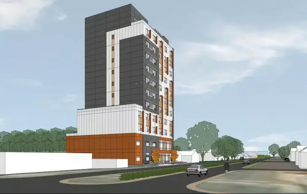 Illustration of a tall apartment building with white, gray, and brown walls. A few cars, sidewalks, and trees surround the building under a light blue sky.