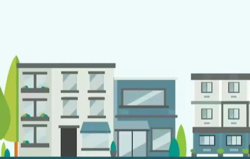 Illustration of low-rise apartment buildings with balconies and trees.